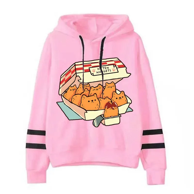 Cute Cat Print Women Hoodie: "Kitten Nugget Fast Food" Cozy, Stylish, and Adorable Tops for Fashionable Kawaii Enthusiasts