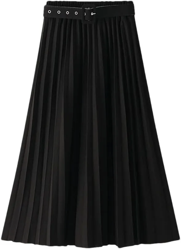 Disimlarl Women's High Waist Pleated Skirts with Belted Spring Simple Elegant Office Midi Long Skirt