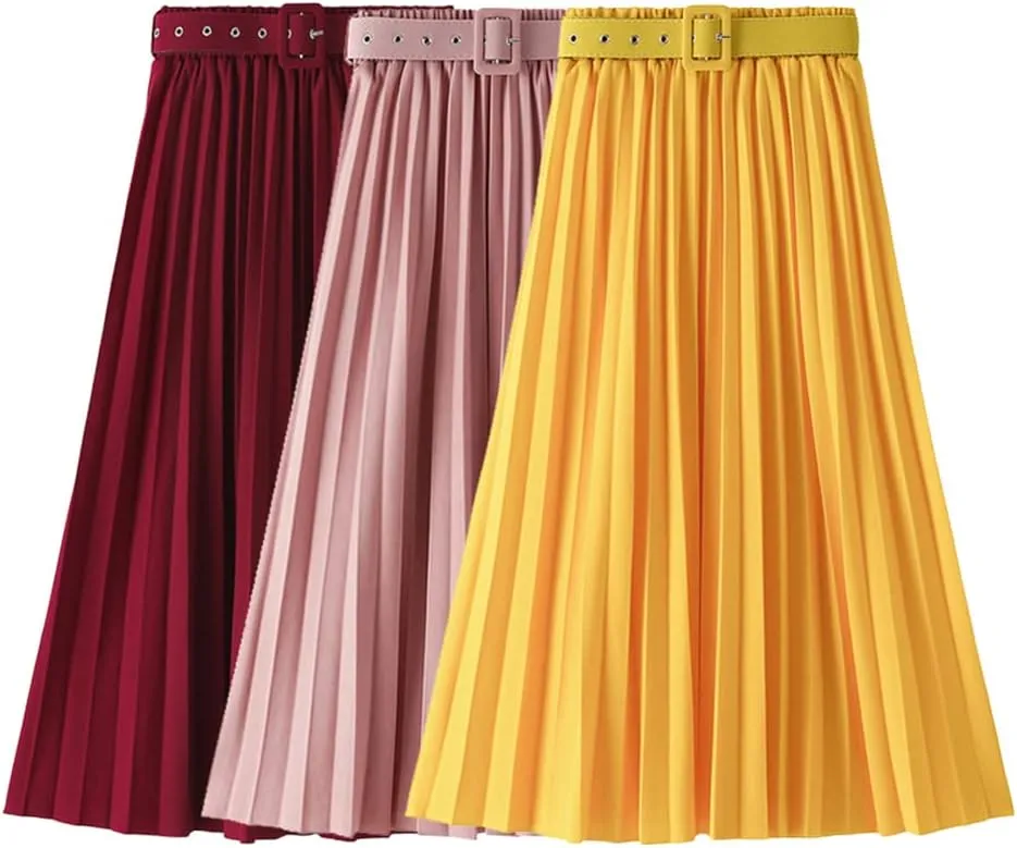 Disimlarl Women's High Waist Pleated Skirts with Belted Spring Simple Elegant Office Midi Long Skirt