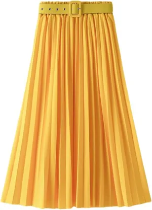 Disimlarl Women's High Waist Pleated Skirts with Belted Spring Simple Elegant Office Midi Long Skirt