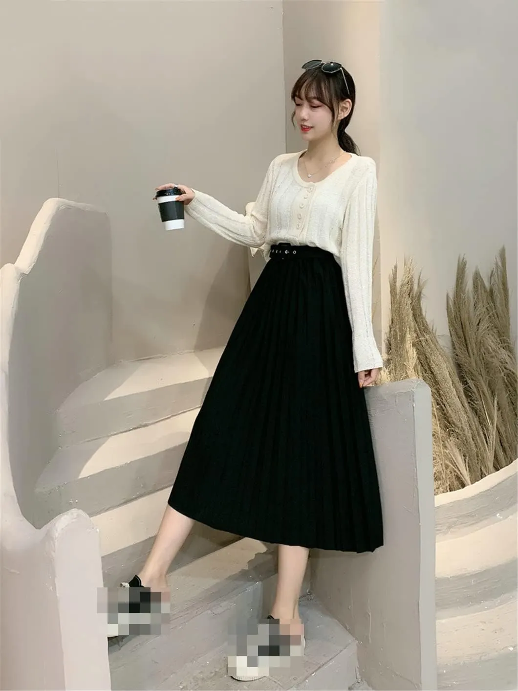 Disimlarl Women's High Waist Pleated Skirts with Belted Spring Simple Elegant Office Midi Long Skirt