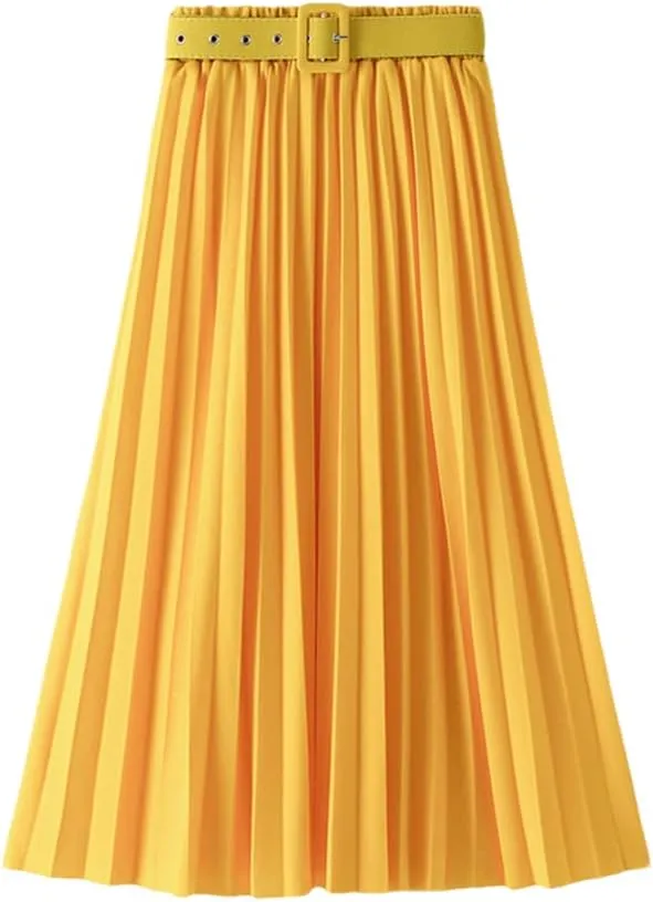 Disimlarl Women's High Waist Pleated Skirts with Belted Spring Simple Elegant Office Midi Long Skirt