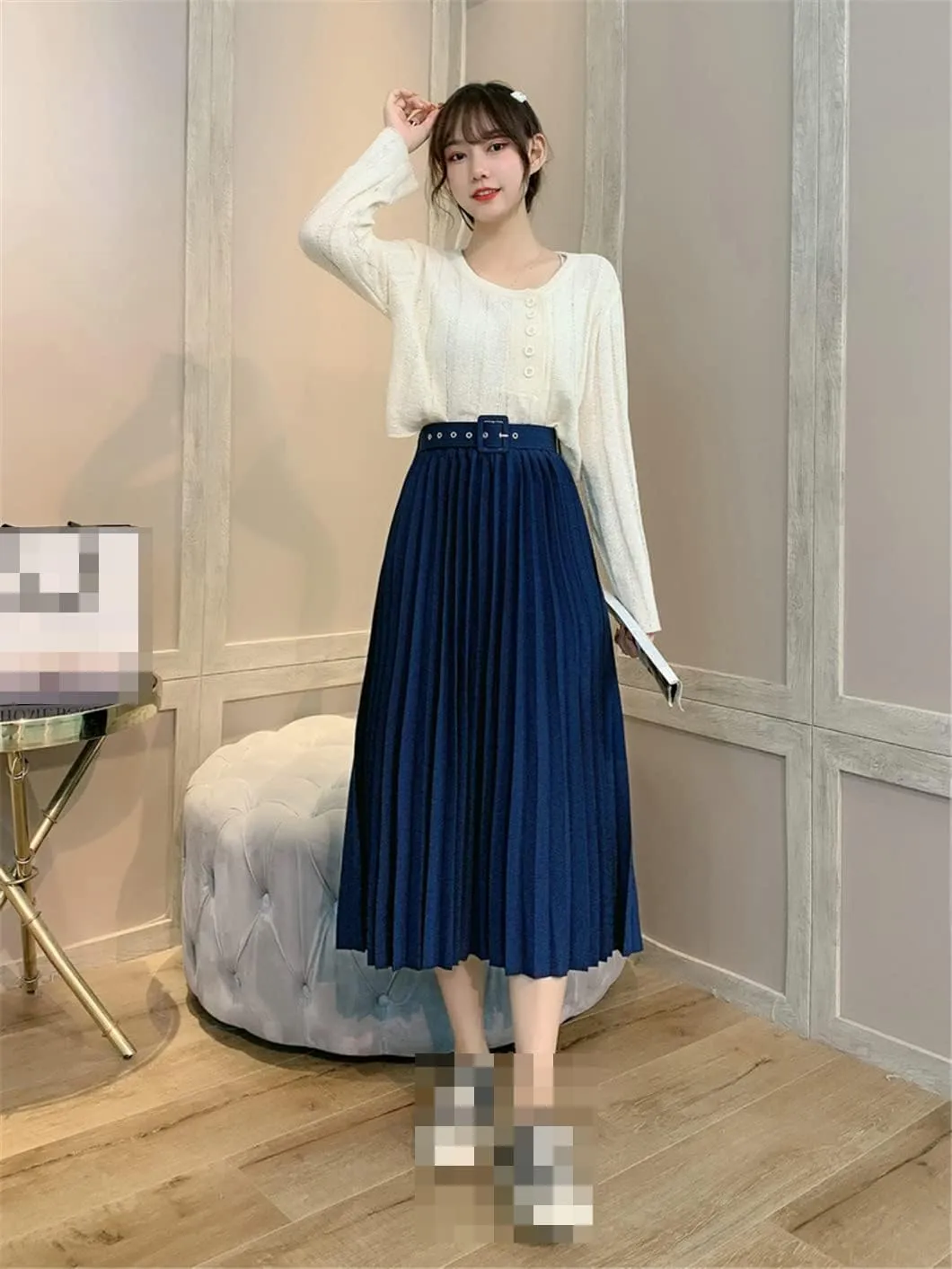 Disimlarl Women's High Waist Pleated Skirts with Belted Spring Simple Elegant Office Midi Long Skirt