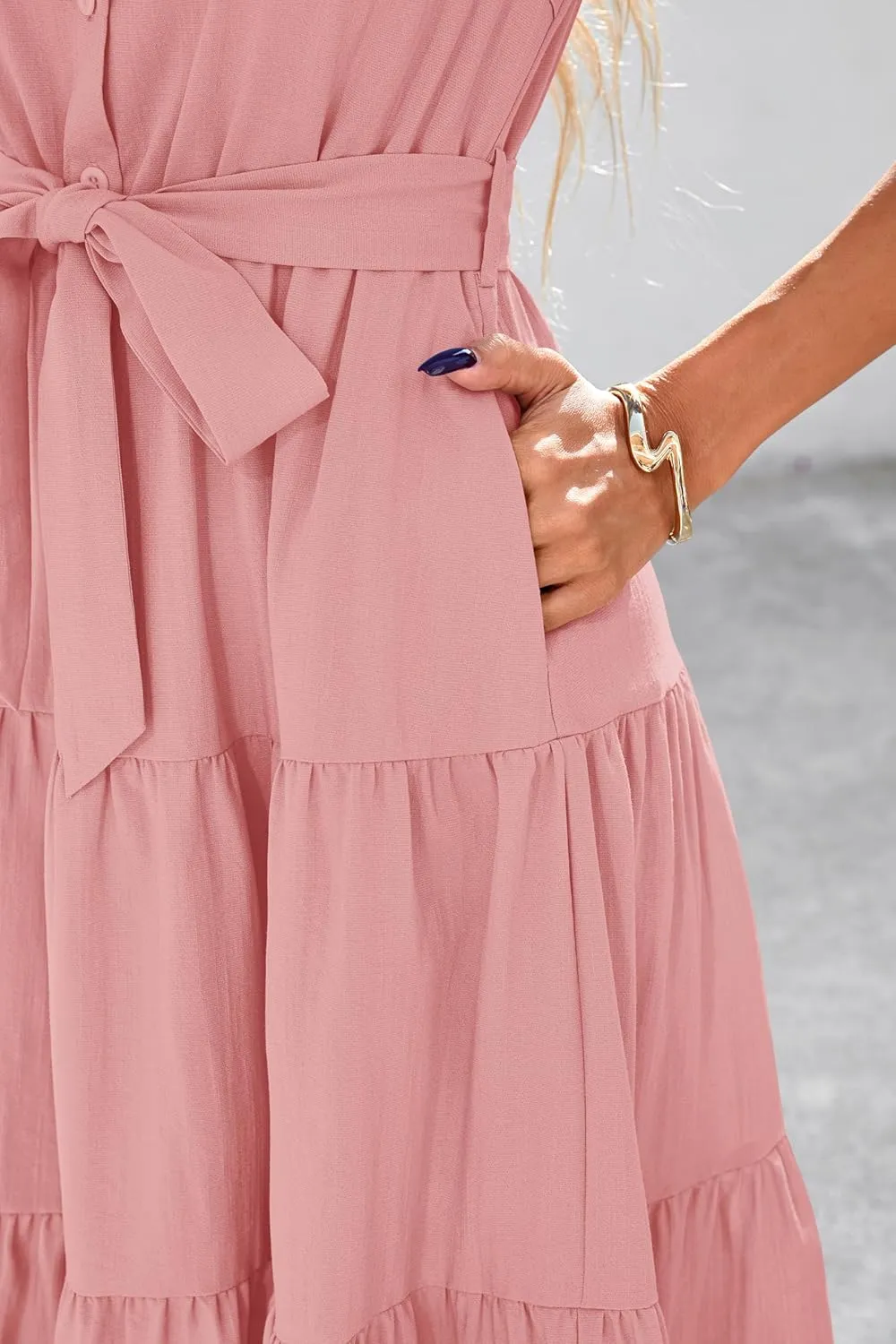 dowerme Womens Summer Dresses 2025 Short Sleeve Button Tie Waist Beach Vacation Clothes Boho Flowy Tiered Maxi Sundress