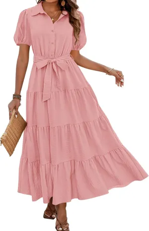 dowerme Womens Summer Dresses 2025 Short Sleeve Button Tie Waist Beach Vacation Clothes Boho Flowy Tiered Maxi Sundress