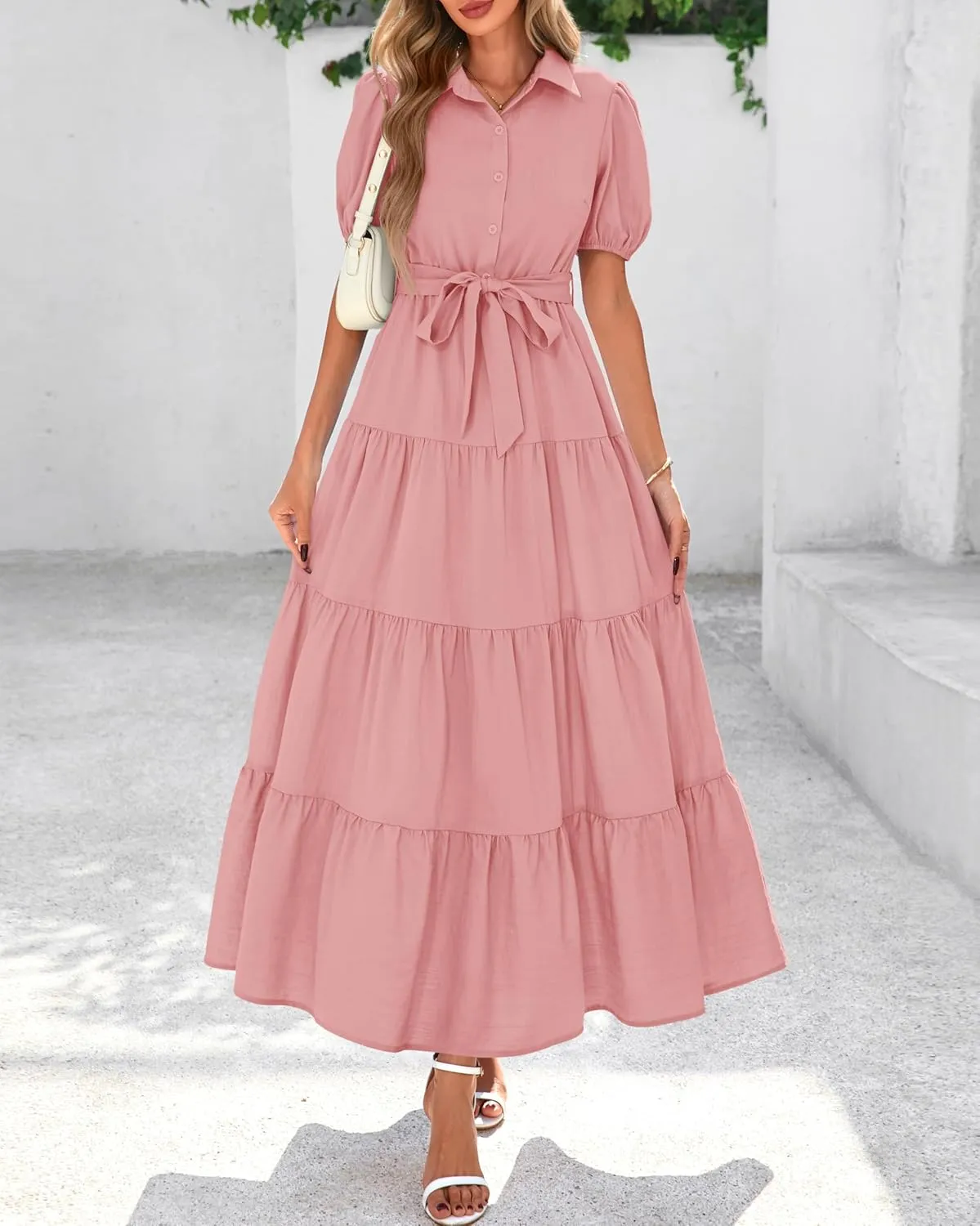dowerme Womens Summer Dresses 2025 Short Sleeve Button Tie Waist Beach Vacation Clothes Boho Flowy Tiered Maxi Sundress