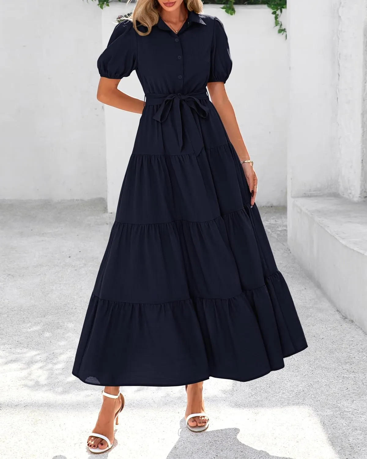 dowerme Womens Summer Dresses 2025 Short Sleeve Button Tie Waist Beach Vacation Clothes Boho Flowy Tiered Maxi Sundress