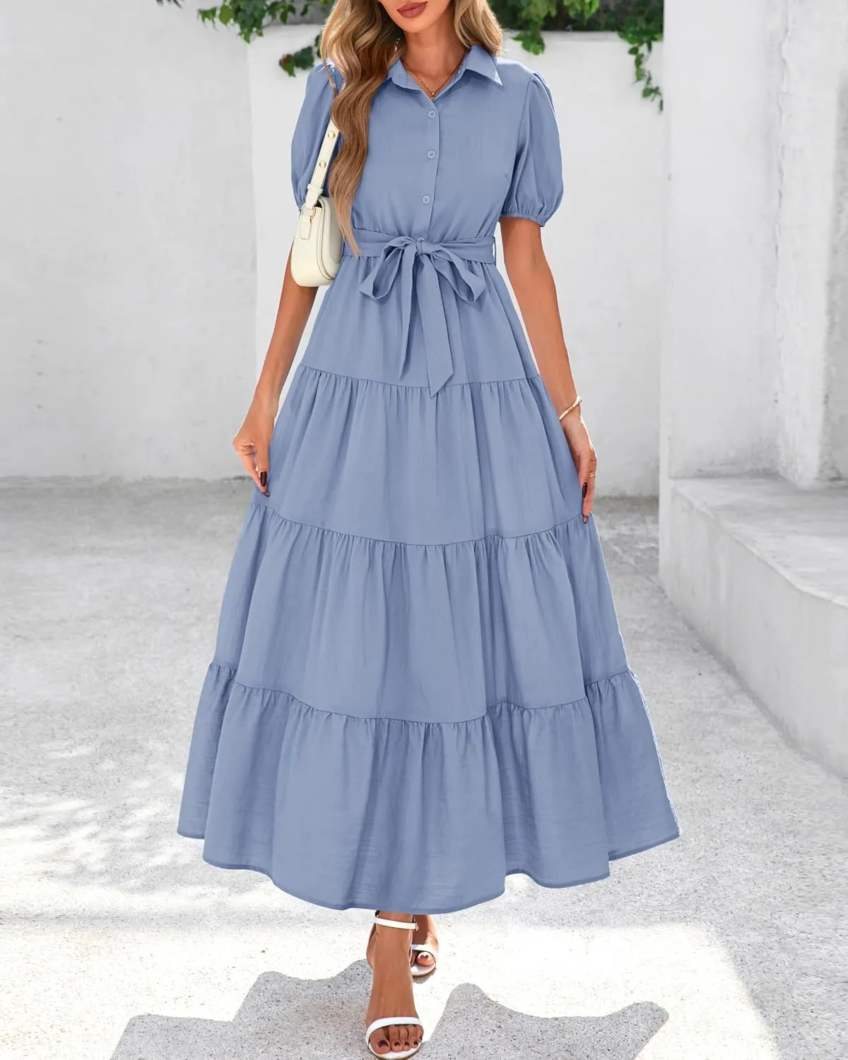 dowerme Womens Summer Dresses 2025 Short Sleeve Button Tie Waist Beach Vacation Clothes Boho Flowy Tiered Maxi Sundress