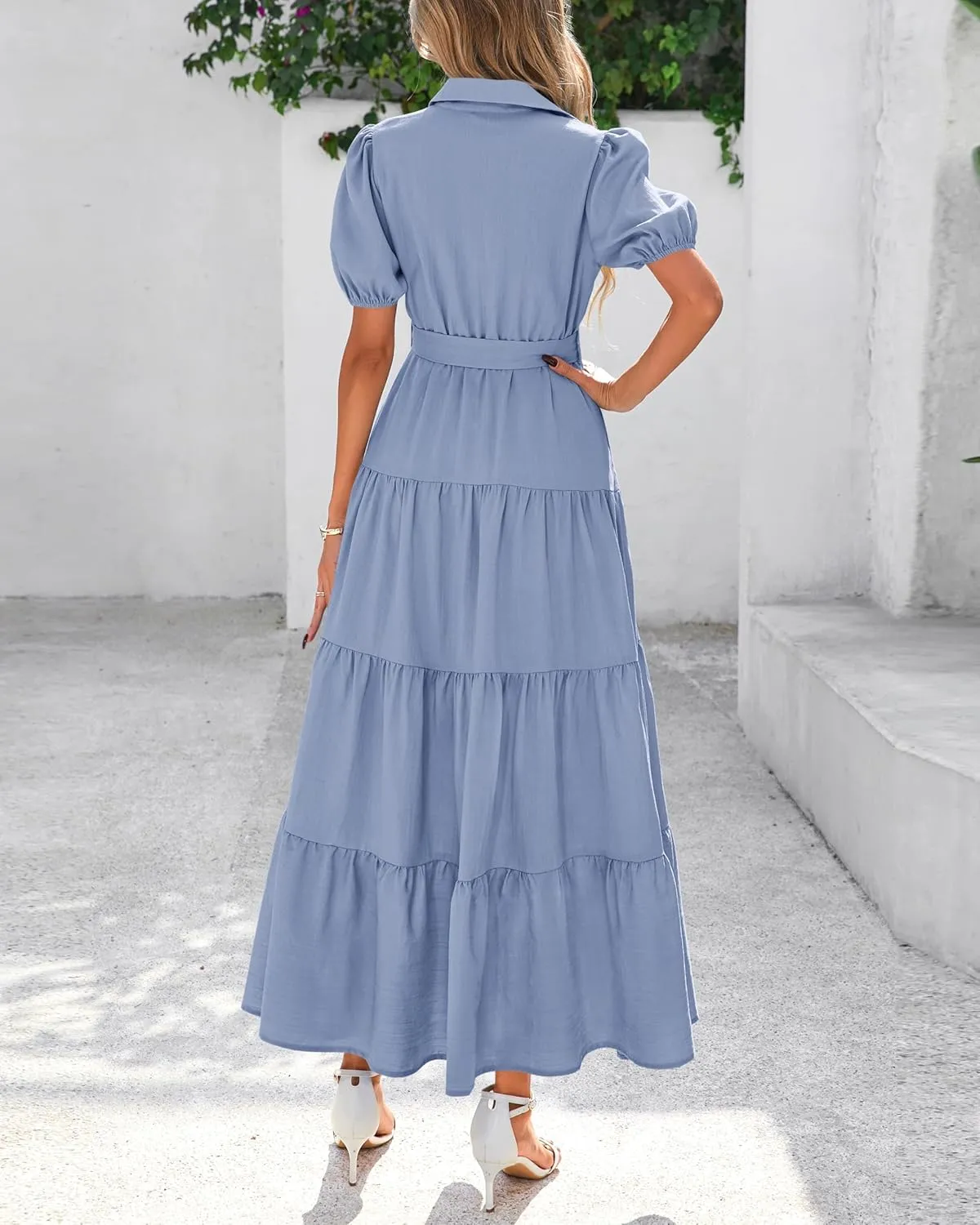 dowerme Womens Summer Dresses 2025 Short Sleeve Button Tie Waist Beach Vacation Clothes Boho Flowy Tiered Maxi Sundress