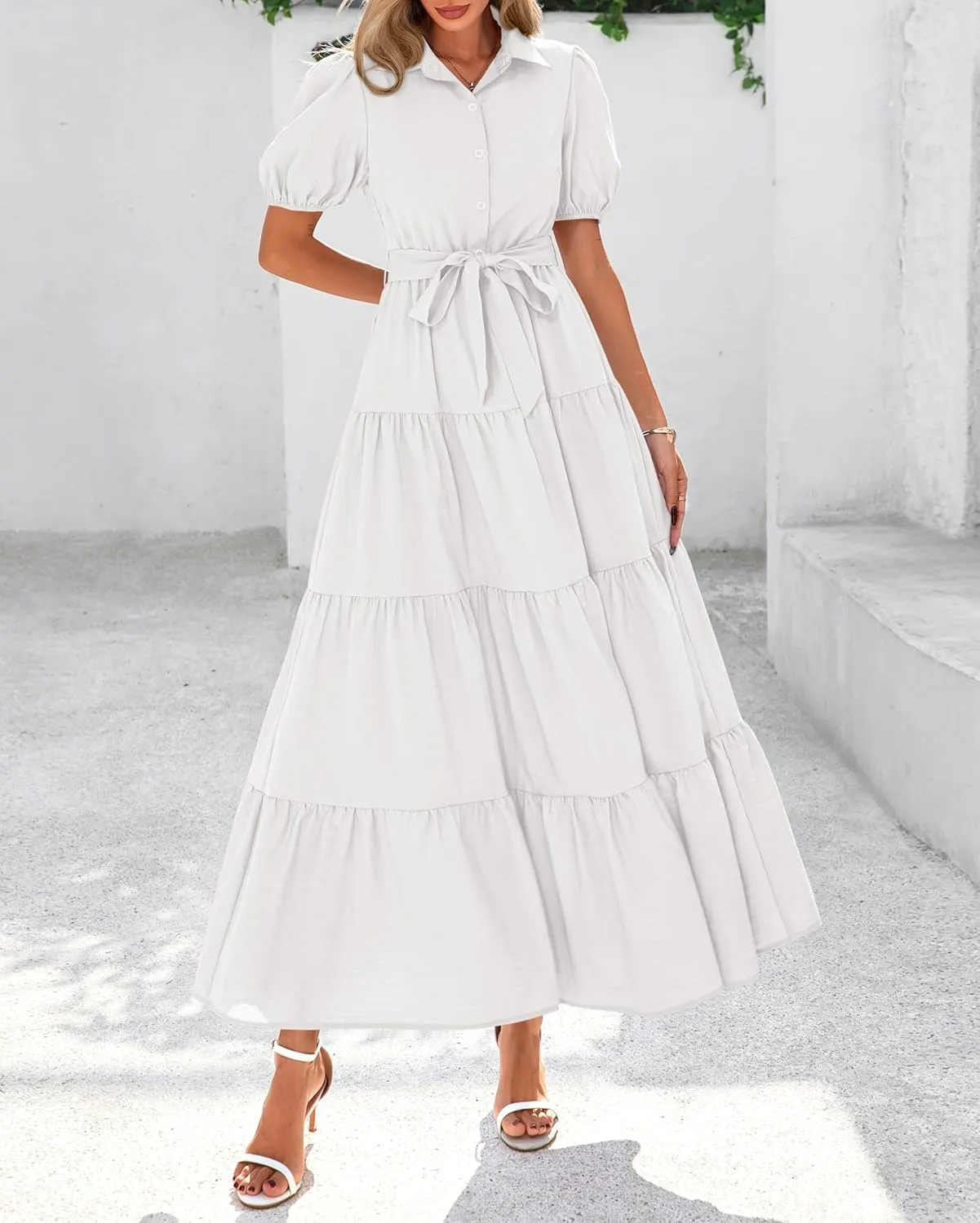 dowerme Womens Summer Dresses 2025 Short Sleeve Button Tie Waist Beach Vacation Clothes Boho Flowy Tiered Maxi Sundress