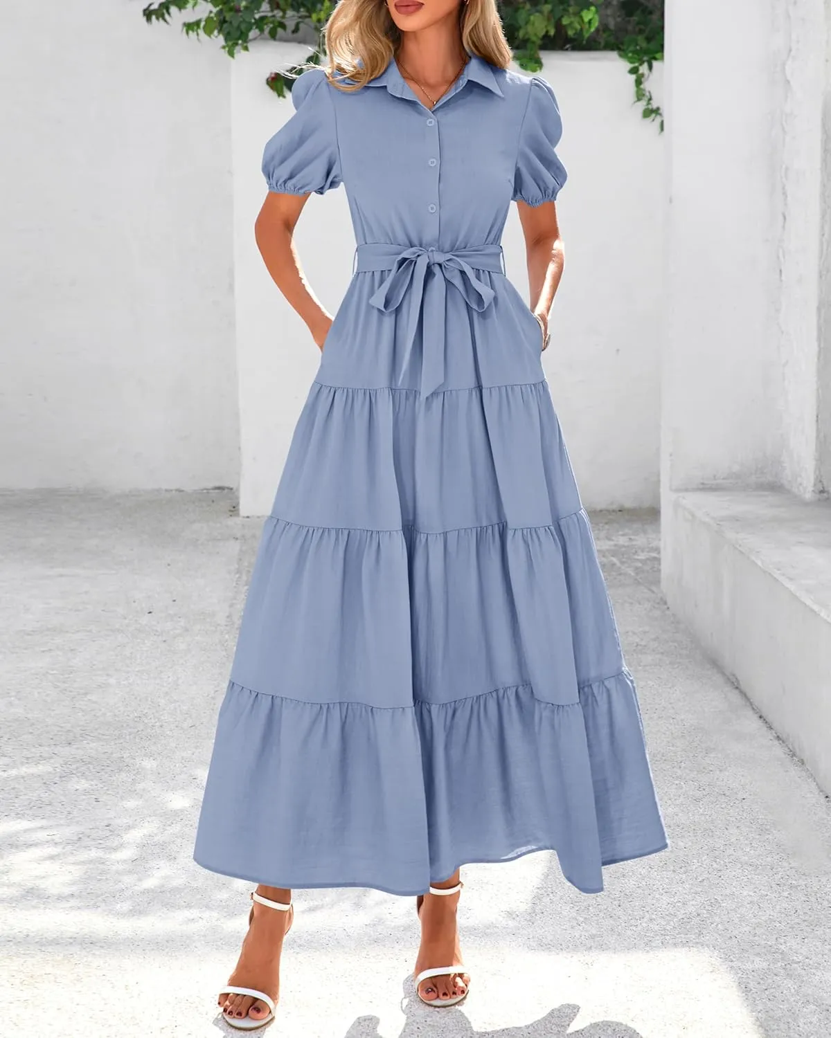 dowerme Womens Summer Dresses 2025 Short Sleeve Button Tie Waist Beach Vacation Clothes Boho Flowy Tiered Maxi Sundress