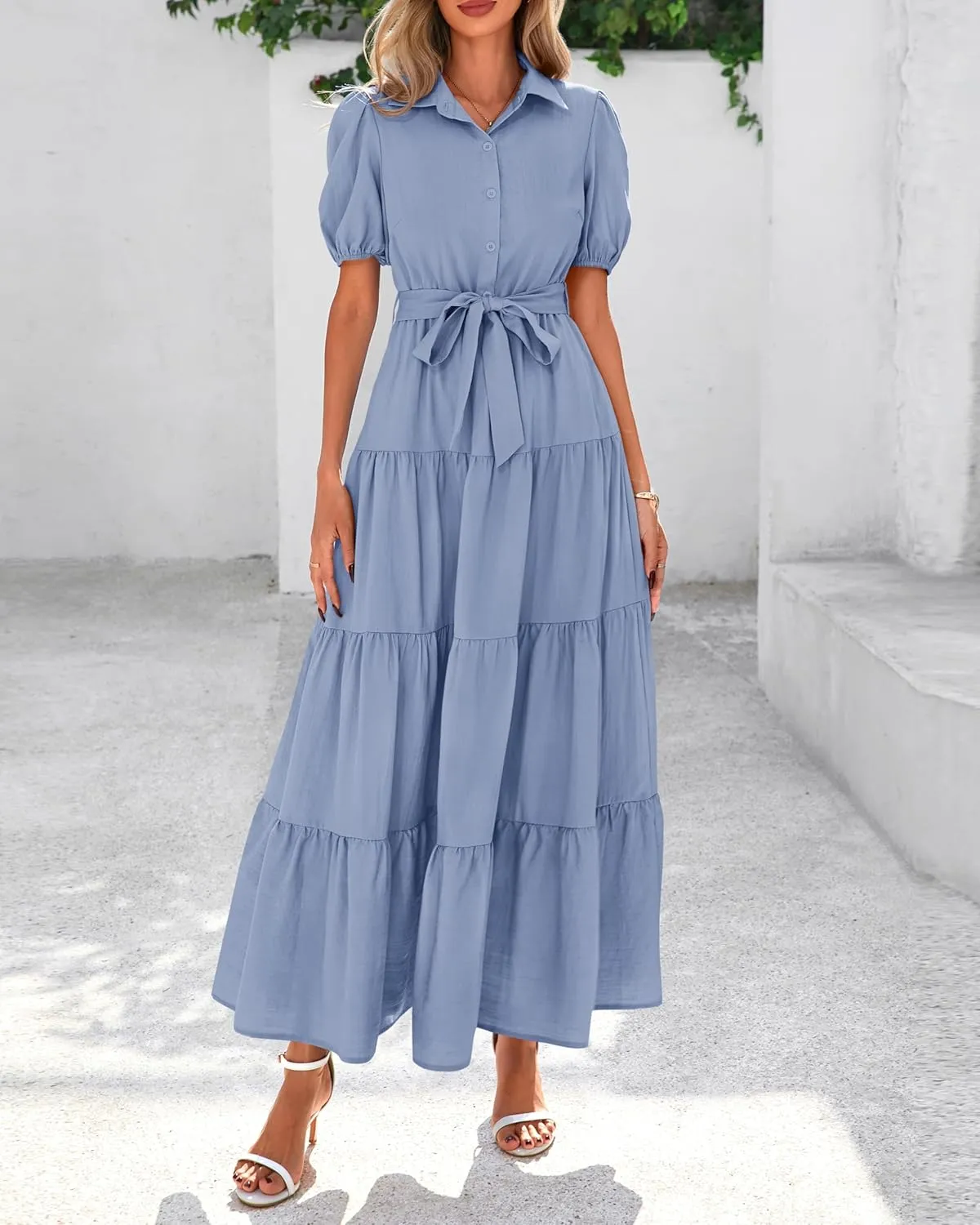 dowerme Womens Summer Dresses 2025 Short Sleeve Button Tie Waist Beach Vacation Clothes Boho Flowy Tiered Maxi Sundress