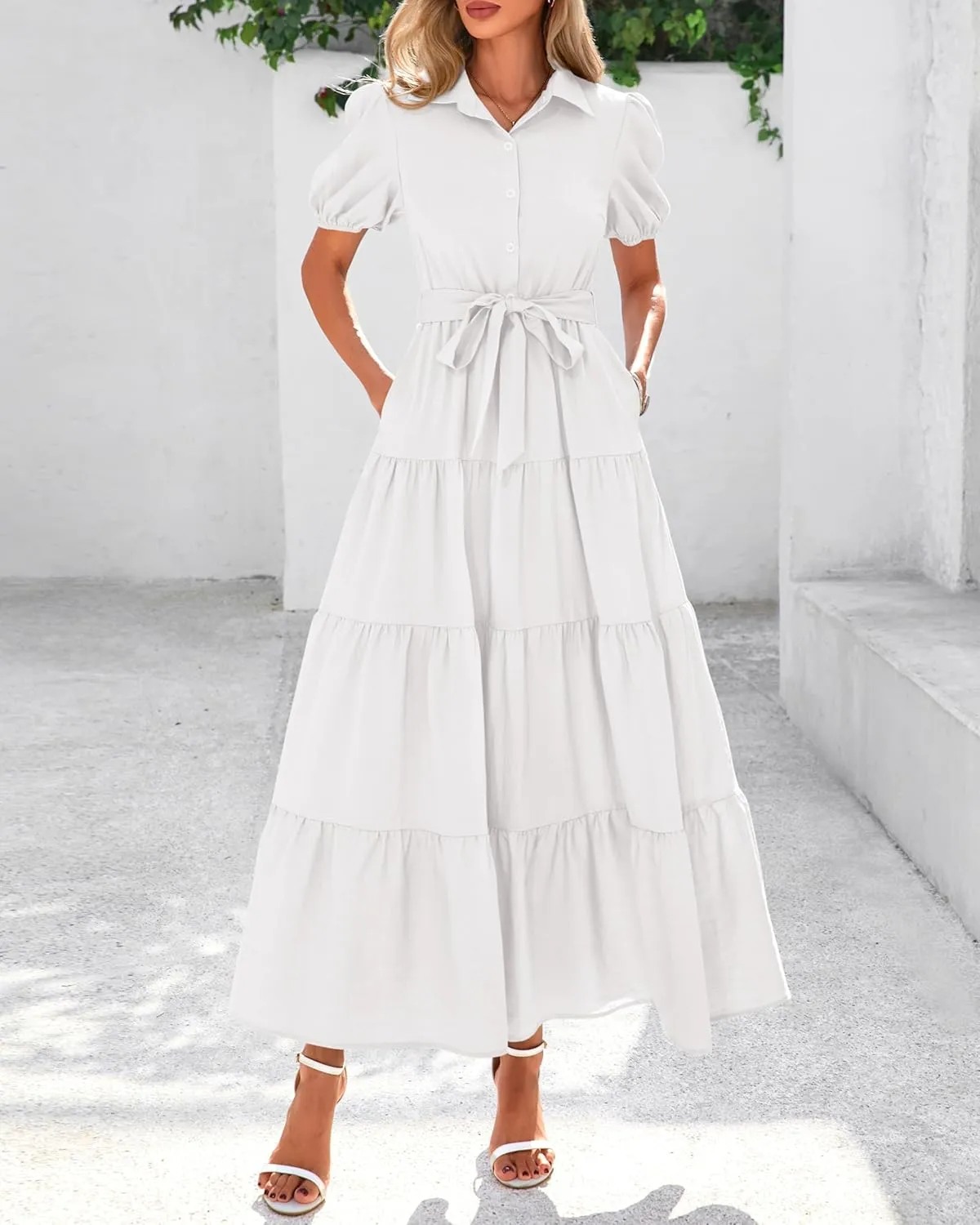 dowerme Womens Summer Dresses 2025 Short Sleeve Button Tie Waist Beach Vacation Clothes Boho Flowy Tiered Maxi Sundress