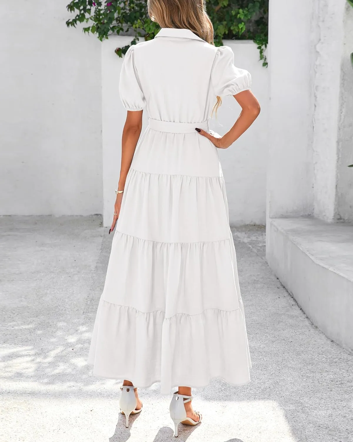 dowerme Womens Summer Dresses 2025 Short Sleeve Button Tie Waist Beach Vacation Clothes Boho Flowy Tiered Maxi Sundress