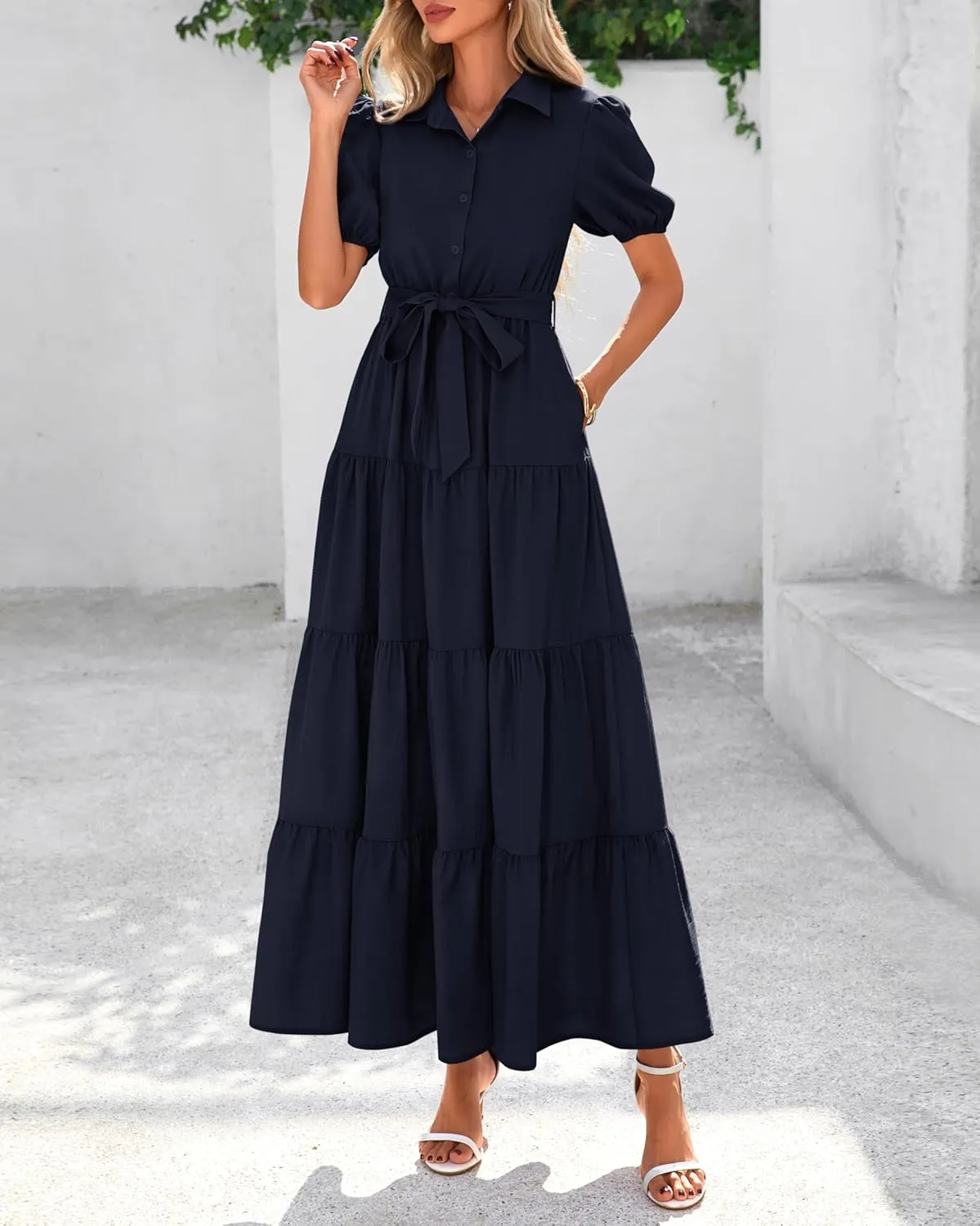 dowerme Womens Summer Dresses 2025 Short Sleeve Button Tie Waist Beach Vacation Clothes Boho Flowy Tiered Maxi Sundress