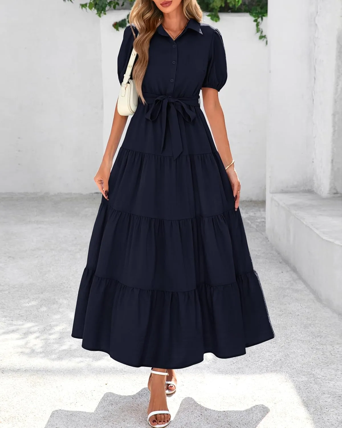 dowerme Womens Summer Dresses 2025 Short Sleeve Button Tie Waist Beach Vacation Clothes Boho Flowy Tiered Maxi Sundress