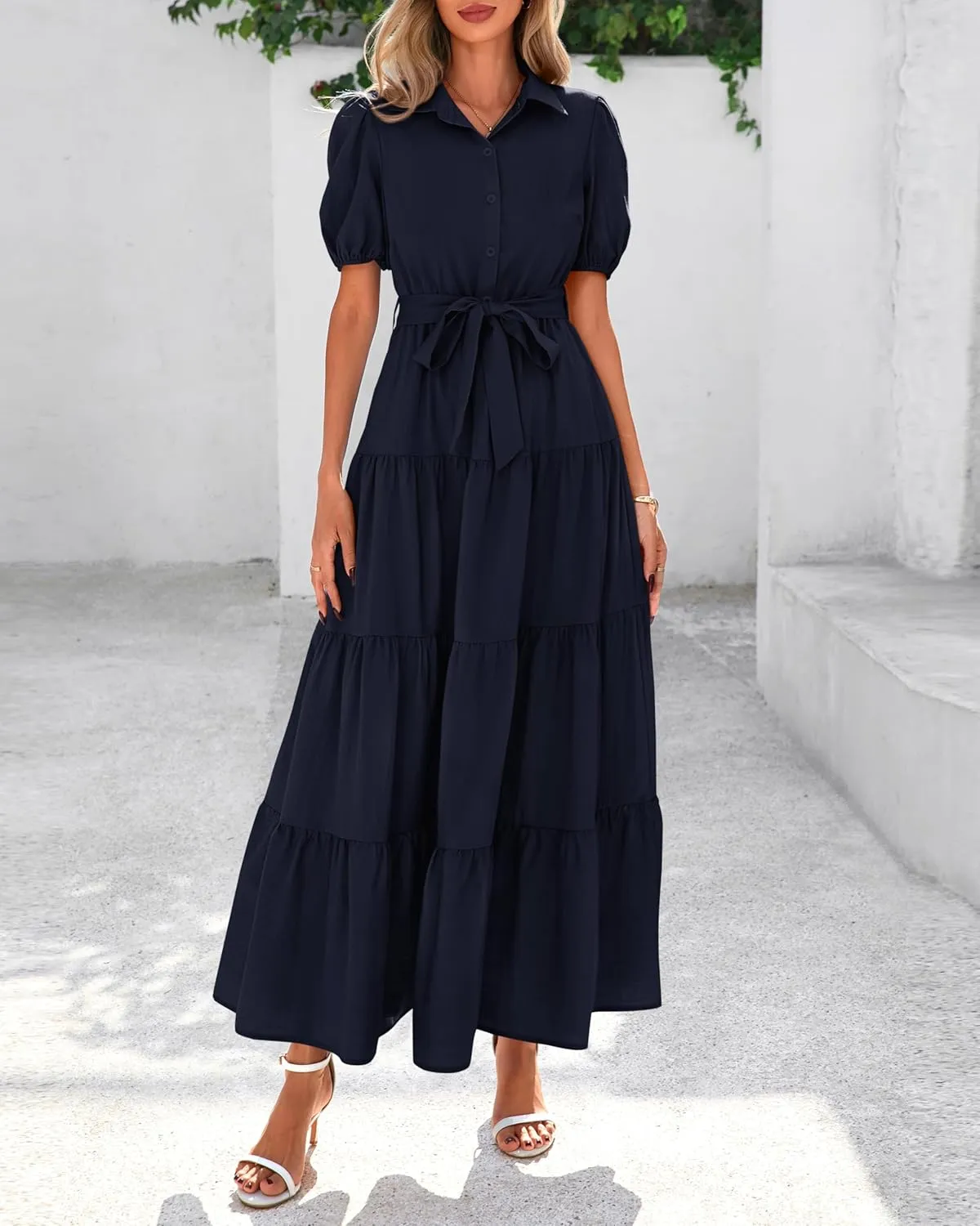 dowerme Womens Summer Dresses 2025 Short Sleeve Button Tie Waist Beach Vacation Clothes Boho Flowy Tiered Maxi Sundress