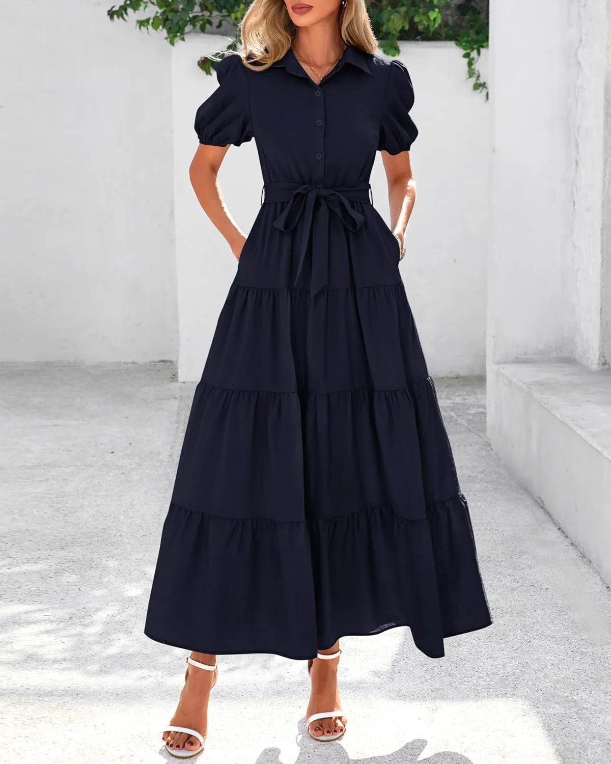 dowerme Womens Summer Dresses 2025 Short Sleeve Button Tie Waist Beach Vacation Clothes Boho Flowy Tiered Maxi Sundress