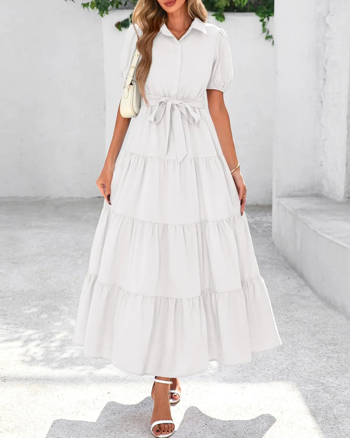 dowerme Womens Summer Dresses 2025 Short Sleeve Button Tie Waist Beach Vacation Clothes Boho Flowy Tiered Maxi Sundress