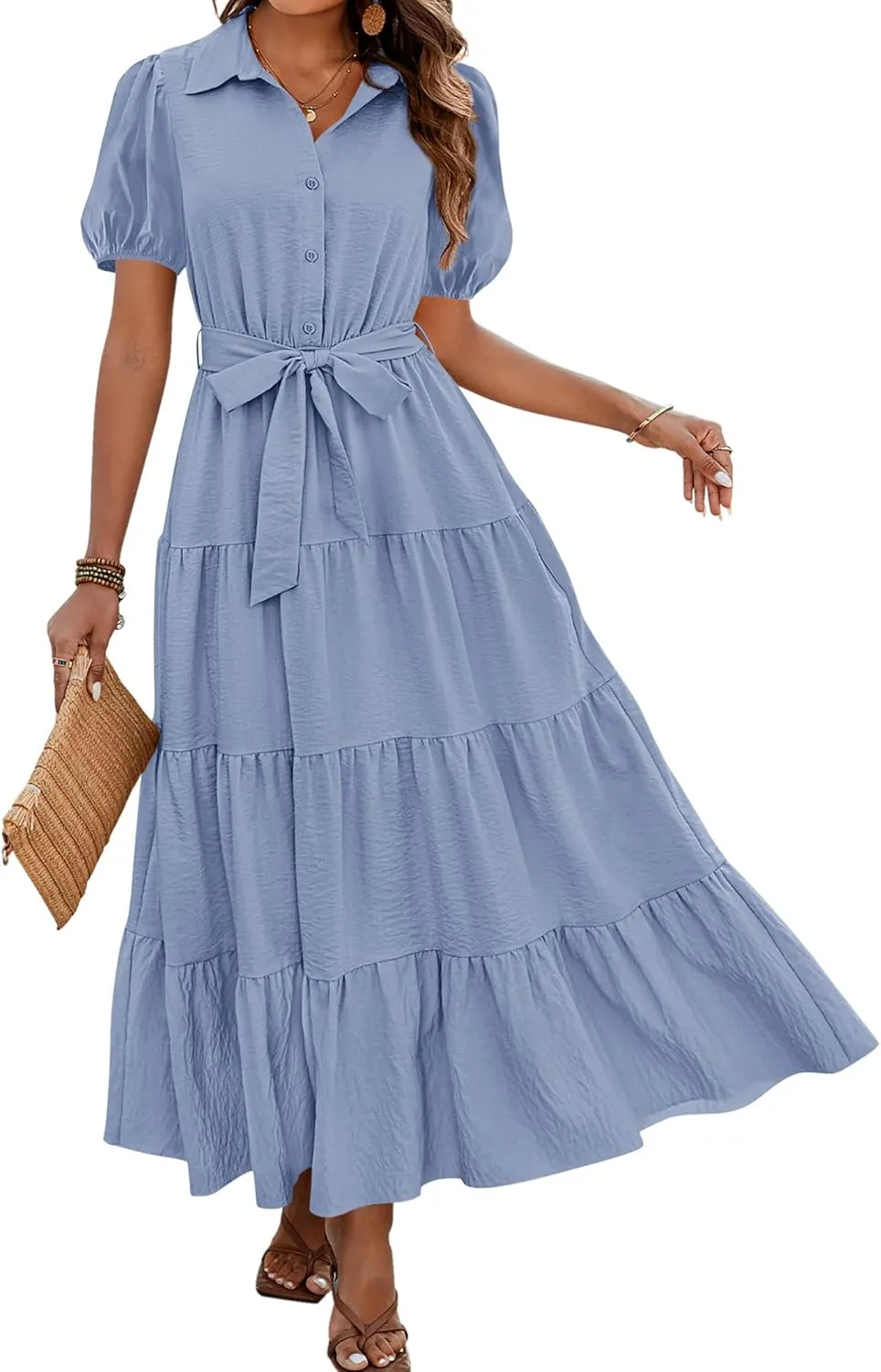 dowerme Womens Summer Dresses 2025 Short Sleeve Button Tie Waist Beach Vacation Clothes Boho Flowy Tiered Maxi Sundress