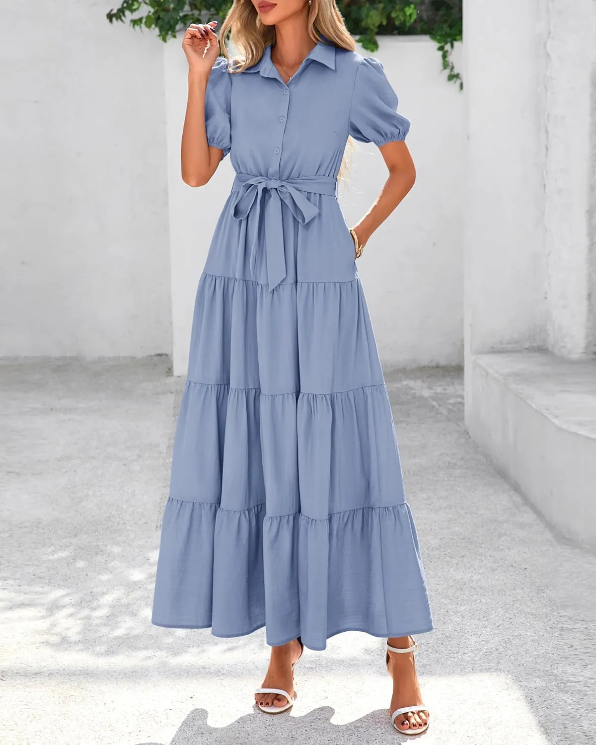 dowerme Womens Summer Dresses 2025 Short Sleeve Button Tie Waist Beach Vacation Clothes Boho Flowy Tiered Maxi Sundress