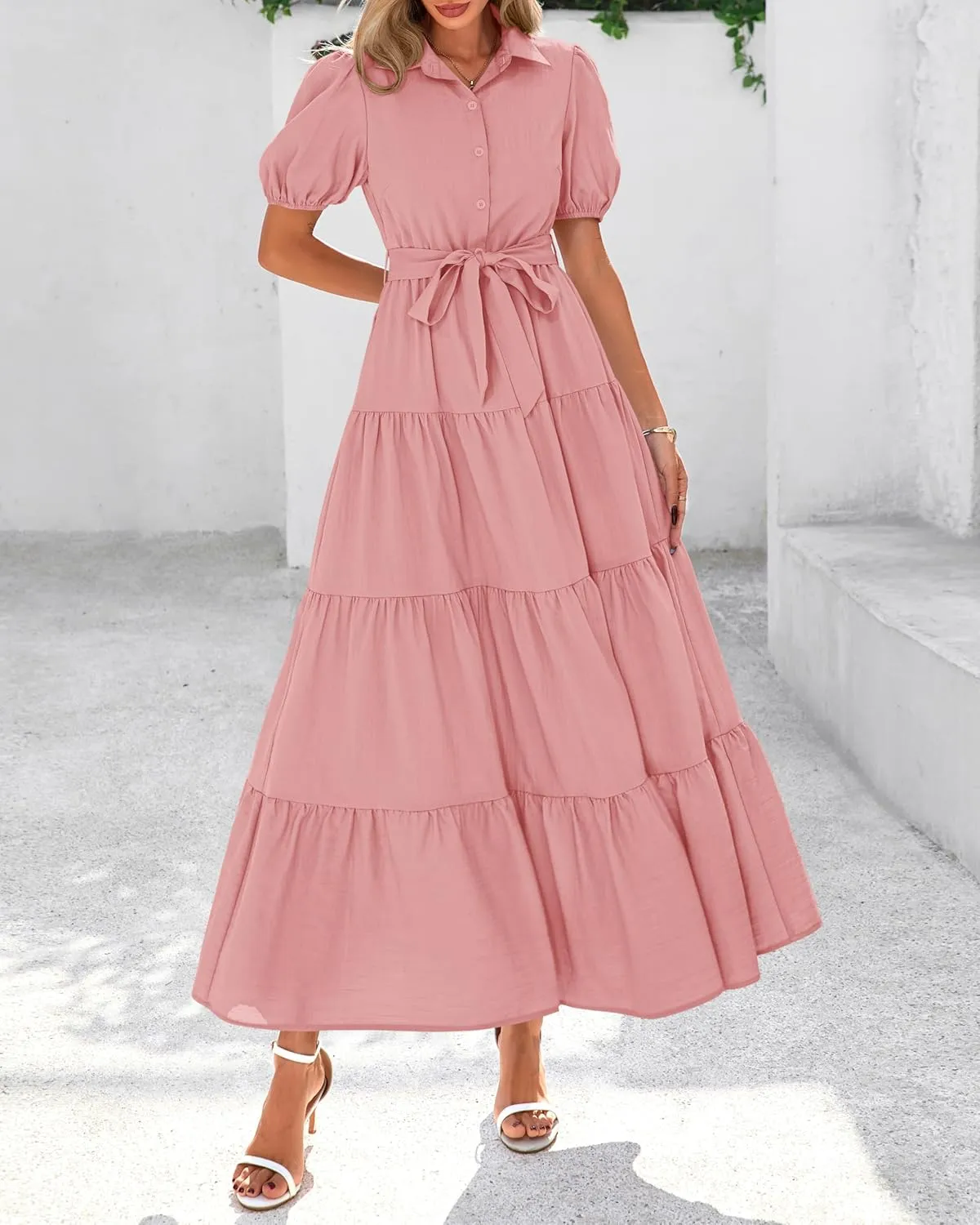 dowerme Womens Summer Dresses 2025 Short Sleeve Button Tie Waist Beach Vacation Clothes Boho Flowy Tiered Maxi Sundress