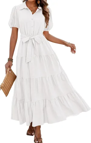 dowerme Womens Summer Dresses 2025 Short Sleeve Button Tie Waist Beach Vacation Clothes Boho Flowy Tiered Maxi Sundress