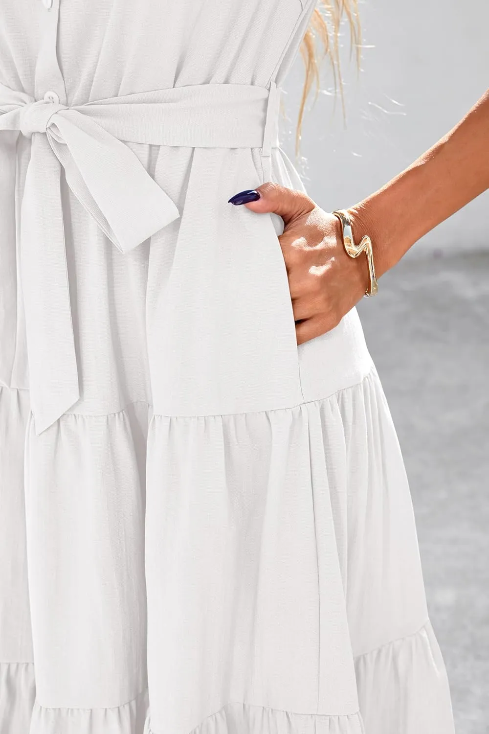 dowerme Womens Summer Dresses 2025 Short Sleeve Button Tie Waist Beach Vacation Clothes Boho Flowy Tiered Maxi Sundress