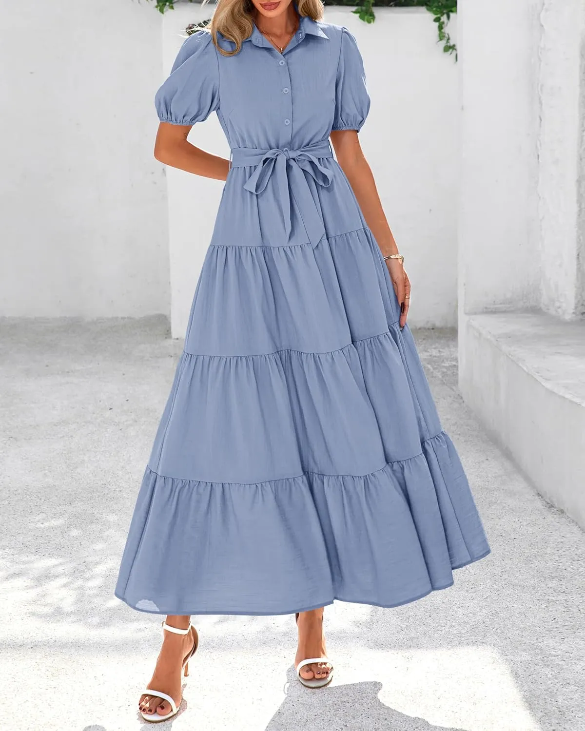 dowerme Womens Summer Dresses 2025 Short Sleeve Button Tie Waist Beach Vacation Clothes Boho Flowy Tiered Maxi Sundress