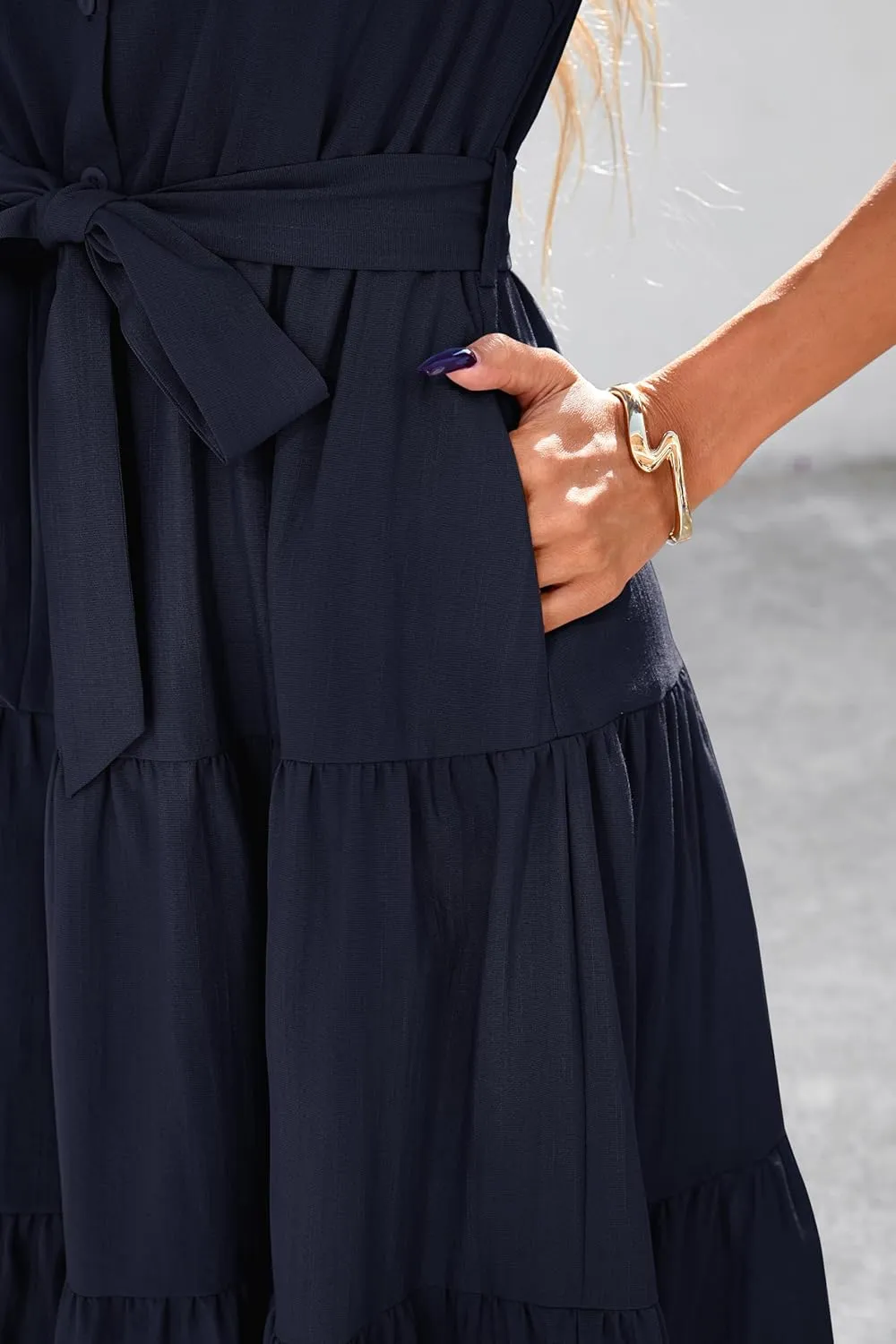 dowerme Womens Summer Dresses 2025 Short Sleeve Button Tie Waist Beach Vacation Clothes Boho Flowy Tiered Maxi Sundress