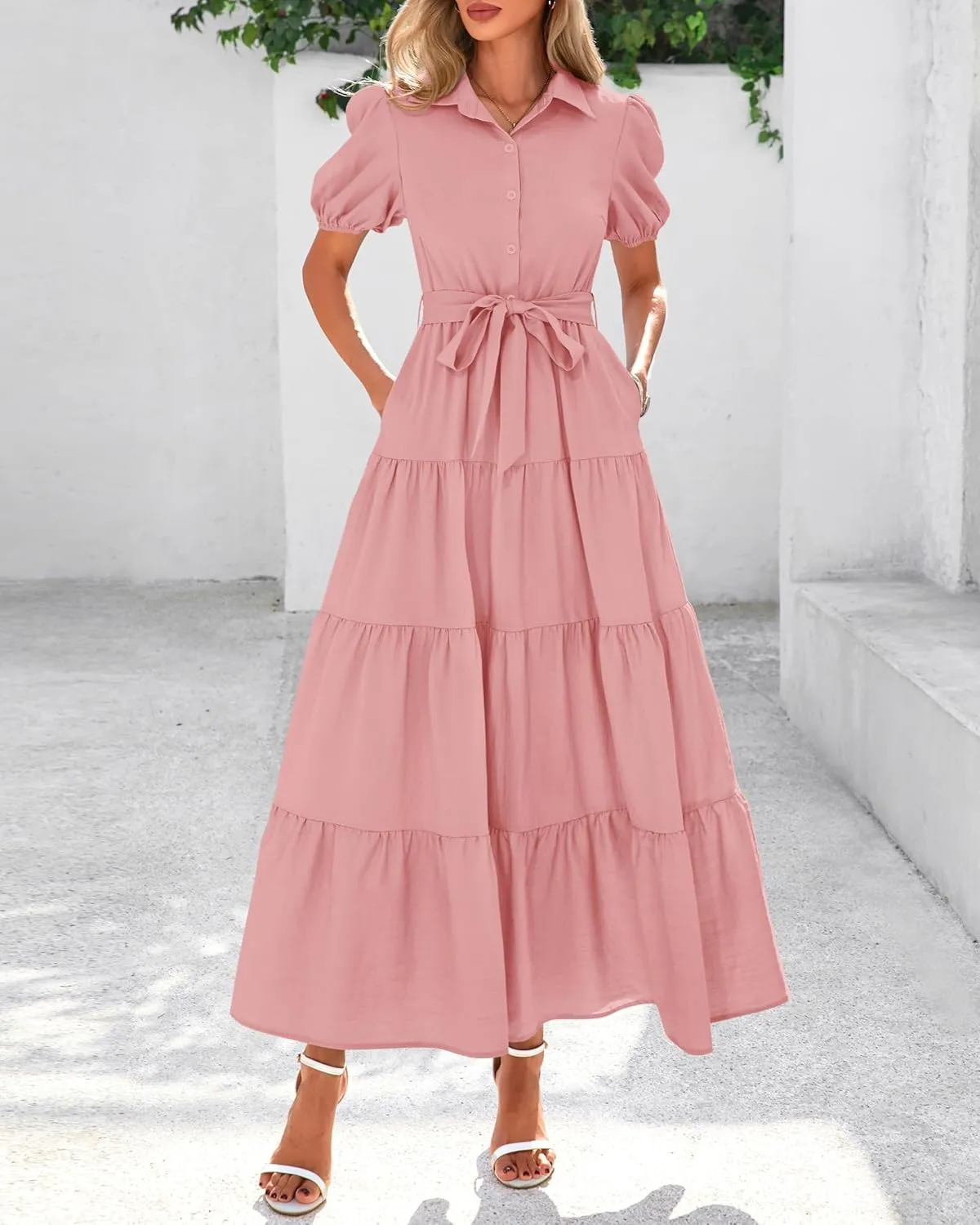 dowerme Womens Summer Dresses 2025 Short Sleeve Button Tie Waist Beach Vacation Clothes Boho Flowy Tiered Maxi Sundress