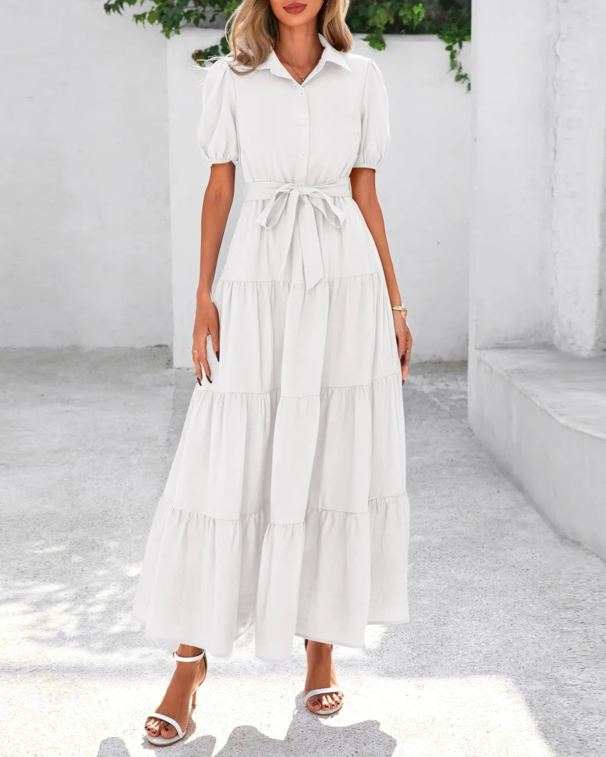 dowerme Womens Summer Dresses 2025 Short Sleeve Button Tie Waist Beach Vacation Clothes Boho Flowy Tiered Maxi Sundress