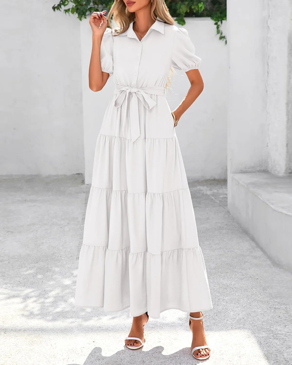 dowerme Womens Summer Dresses 2025 Short Sleeve Button Tie Waist Beach Vacation Clothes Boho Flowy Tiered Maxi Sundress