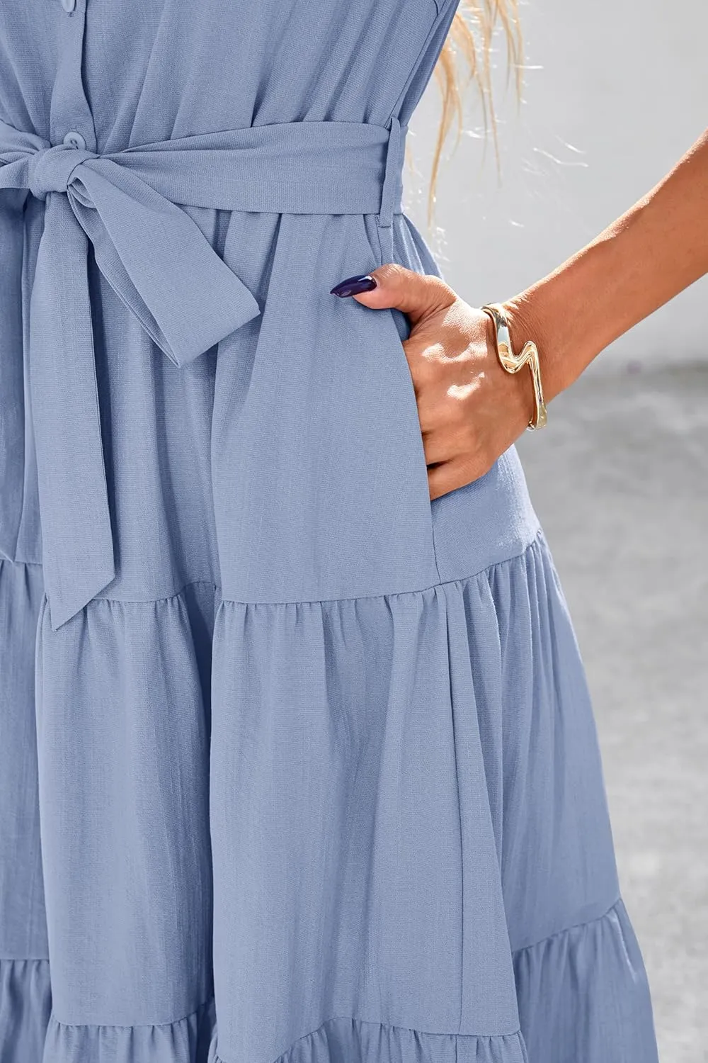 dowerme Womens Summer Dresses 2025 Short Sleeve Button Tie Waist Beach Vacation Clothes Boho Flowy Tiered Maxi Sundress