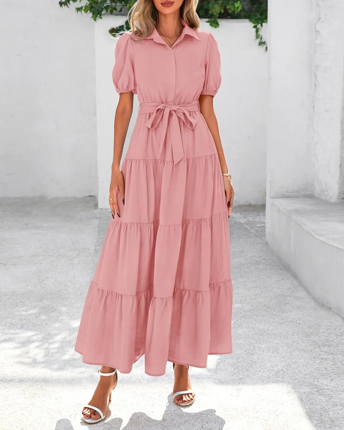 dowerme Womens Summer Dresses 2025 Short Sleeve Button Tie Waist Beach Vacation Clothes Boho Flowy Tiered Maxi Sundress