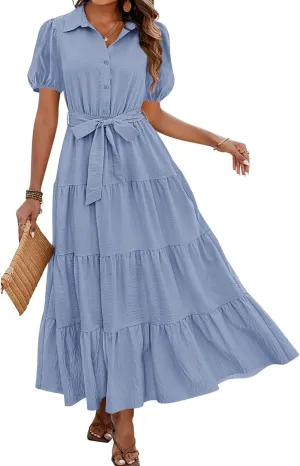 dowerme Womens Summer Dresses 2025 Short Sleeve Button Tie Waist Beach Vacation Clothes Boho Flowy Tiered Maxi Sundress
