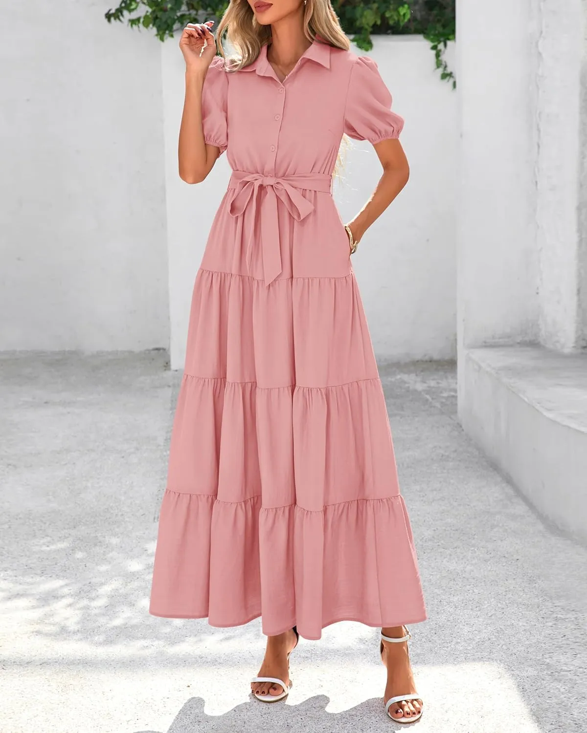dowerme Womens Summer Dresses 2025 Short Sleeve Button Tie Waist Beach Vacation Clothes Boho Flowy Tiered Maxi Sundress