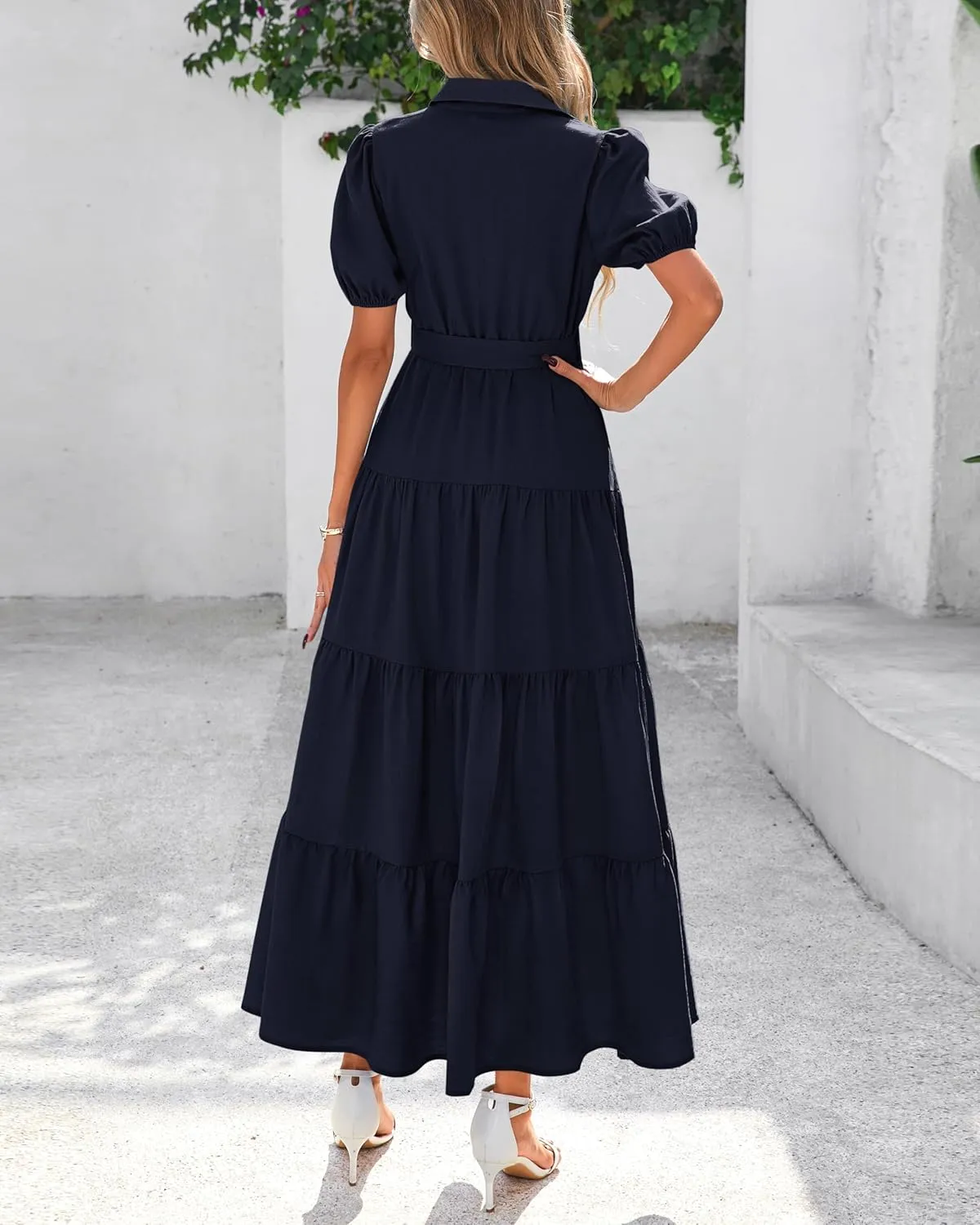 dowerme Womens Summer Dresses 2025 Short Sleeve Button Tie Waist Beach Vacation Clothes Boho Flowy Tiered Maxi Sundress