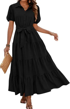 dowerme Womens Summer Dresses 2025 Short Sleeve Button Tie Waist Beach Vacation Clothes Boho Flowy Tiered Maxi Sundress