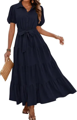 dowerme Womens Summer Dresses 2025 Short Sleeve Button Tie Waist Beach Vacation Clothes Boho Flowy Tiered Maxi Sundress