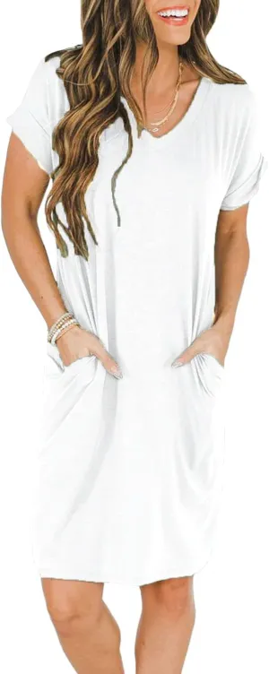 Ecolley Casual Loose Summer Dresses for Women with Pockets V Neck Swing Flowy Beach Sundress Cuffed Sleeve Comfy