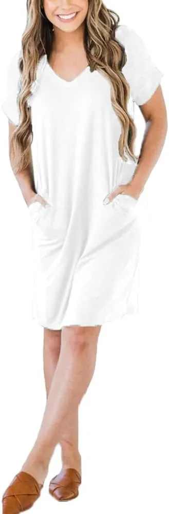 Ecolley Casual Loose Summer Dresses for Women with Pockets V Neck Swing Flowy Beach Sundress Cuffed Sleeve Comfy