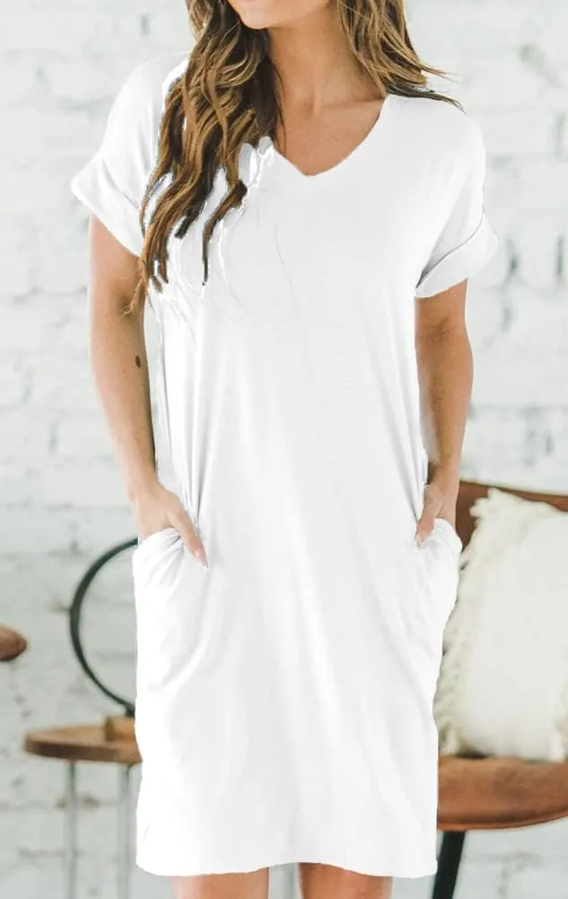 Ecolley Casual Loose Summer Dresses for Women with Pockets V Neck Swing Flowy Beach Sundress Cuffed Sleeve Comfy