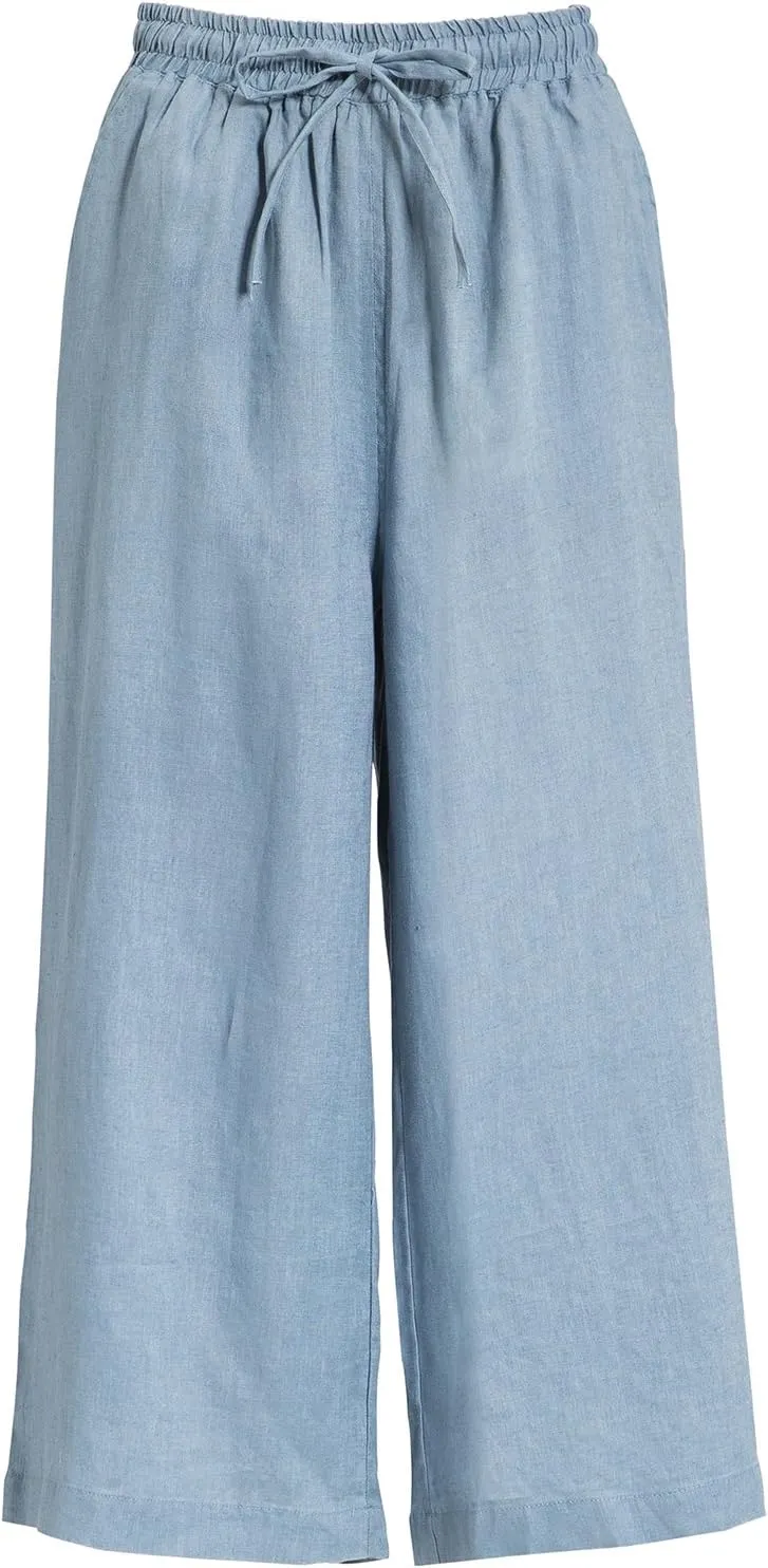 ECUPPER Womens Linen Cropped Pants Loose Casual Capri Cotton Wide Leg Plus Size Elastic Waist with Drawstring Trouses