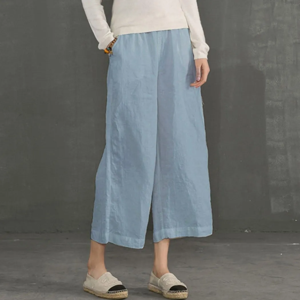 ECUPPER Womens Linen Cropped Pants Loose Casual Capri Cotton Wide Leg Plus Size Elastic Waist with Drawstring Trouses
