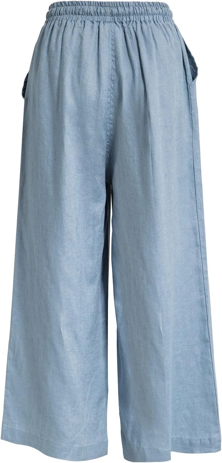 ECUPPER Womens Linen Cropped Pants Loose Casual Capri Cotton Wide Leg Plus Size Elastic Waist with Drawstring Trouses