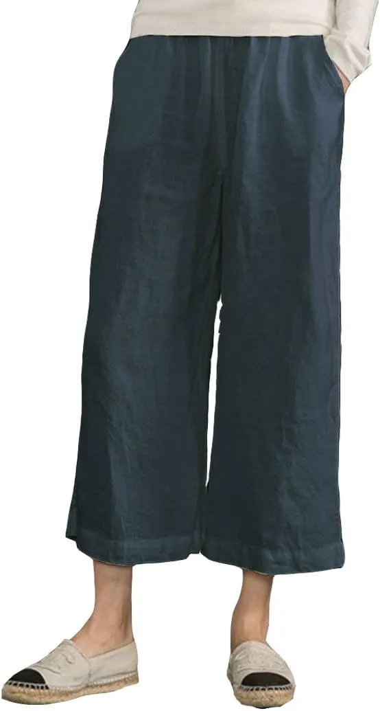 ECUPPER Womens Linen Cropped Pants Loose Casual Capri Cotton Wide Leg Plus Size Elastic Waist with Drawstring Trouses