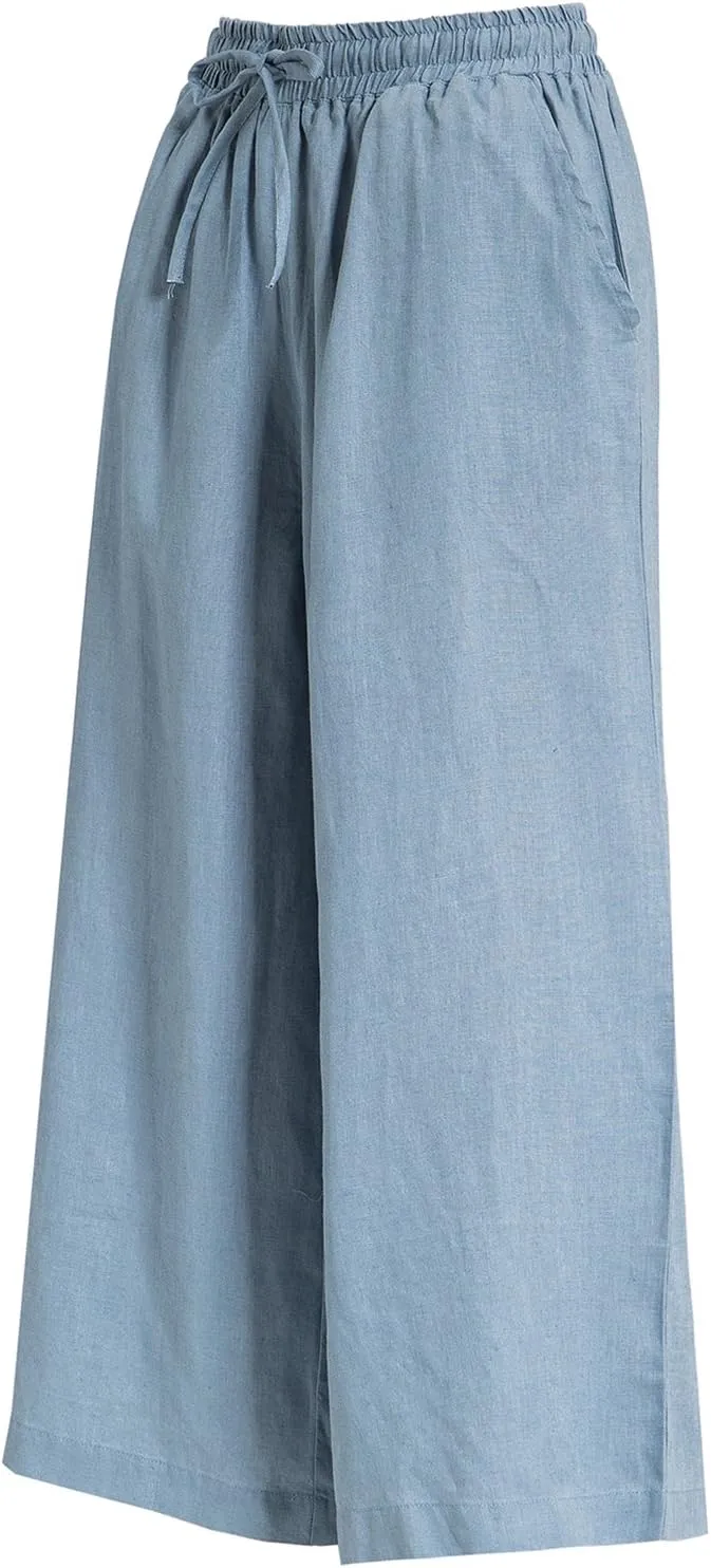 ECUPPER Womens Linen Cropped Pants Loose Casual Capri Cotton Wide Leg Plus Size Elastic Waist with Drawstring Trouses