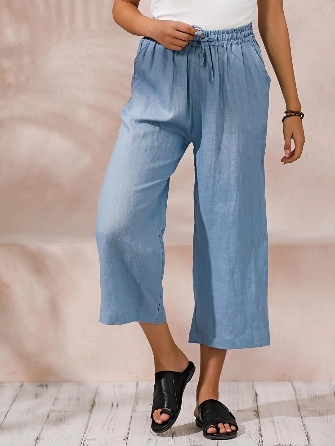 ECUPPER Womens Linen Cropped Pants Loose Casual Capri Cotton Wide Leg Plus Size Elastic Waist with Drawstring Trouses