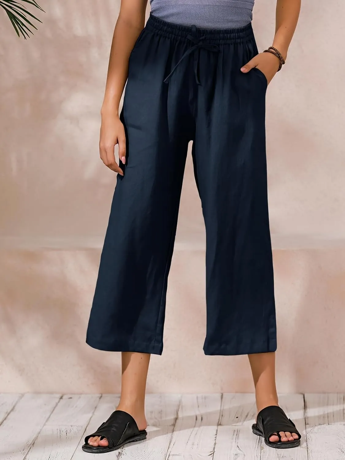 ECUPPER Womens Linen Cropped Pants Loose Casual Capri Cotton Wide Leg Plus Size Elastic Waist with Drawstring Trouses